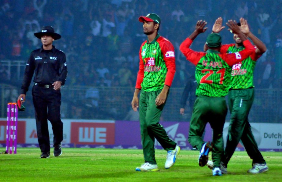 Players of Bangladesh Cricket team celebrating after dismissal of a Sri Lanka wicket during the 2nd Twenty20 International Cricket match between Bangladesh and Sri Lanka at Sylhet International Cricket Stadium in Sylhet on Sunday.