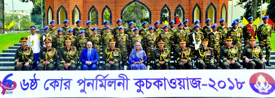 Prime Minister Sheikh Hasina at a photo session along with high army officials on the occasion of sixth reunion of Engineer Core of Army at Dayarampur Kadirabad Cantonment in Natore on Thursday. BSS photo