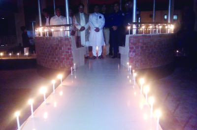 BHALUKA(Mymensingh ): Bhaluka Model Thana arranged candle lighting at zero hours at the thana premises on the occasion of the Amar Ekushey on Wednesday. Among others, Golum Mustafa, Chairman, Masud Kamal, UNO, Bhaluka Upazila, OC Mamun -ur- Rashid a