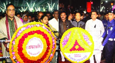 RANGPUR: Kazi Hasan Mahmud, DC(left) and Khondker Golam Faruk(right), DIG for Rangpur Range placing wreaths at the Central Shaheed Minar in observance of the Shaheed Dibosh and International Mother Language Day on Wednesday.