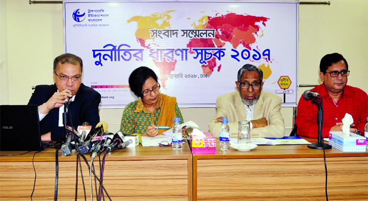 Dr Iftekheruzzaman Executive Director of TIB speaking at a press conference titled 'Corruption Perception Index 2017' at Midas Centre on Thursday.