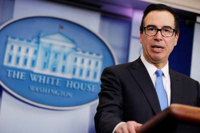 US Treasury Secretary Steven Mnuchin announces what he said was the largest North Korea-related sanctions in a bid to disrupt North Korean shipping and trading companies and vessels and to further isolate Pyongyang, in the press room at the White House in