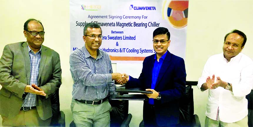 Engr. M Atiqur Rahman, Distributor of Mitsubishi Electric Hydronics & IT Cooling Systems and Md. Mostaqur Rahman, CEO of Hera Sweaters Limited (HSL), exchanging an agreement signing documents for the procurement of 400TR Climaveneta magnetic bearing chill