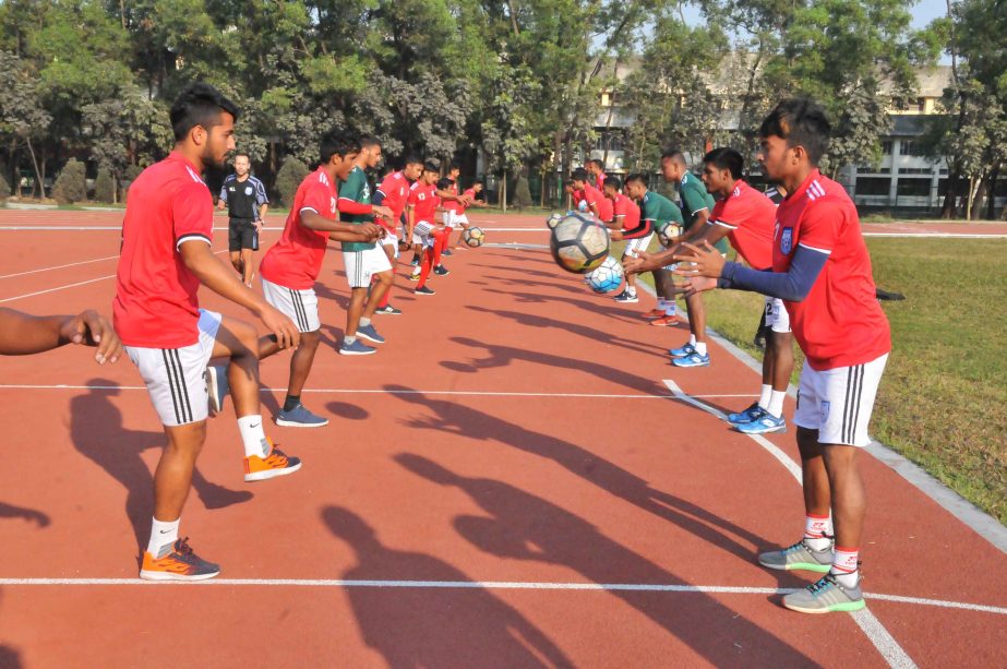 Members of Bangladesh National Football team during their practice session at the BKSP Ground in Savar on Sunday.