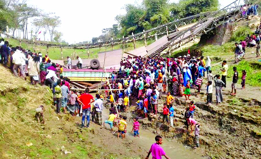 Two people were killed after a goods laden truck fell into a ditch from Bailey Bridge that collapses in Sunamganj early on Sunday.
