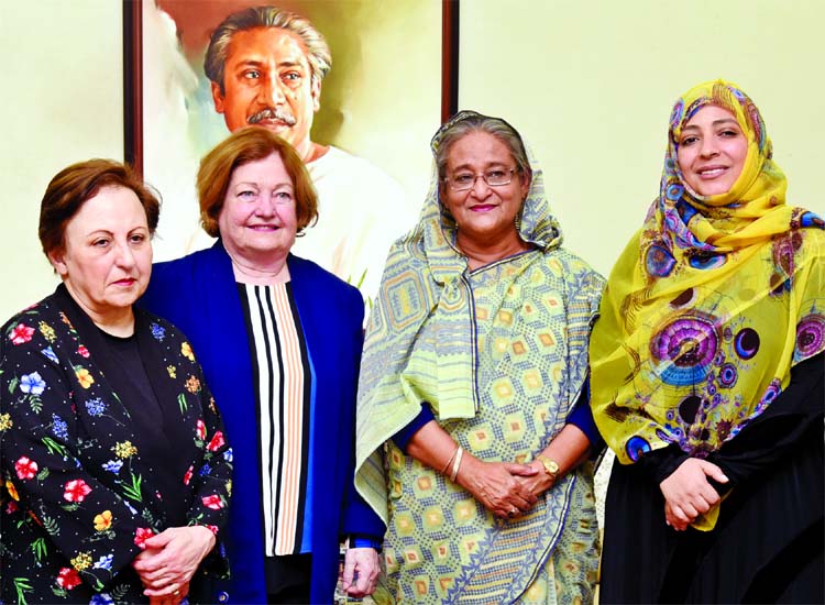 Three female laureates meet Prime Minister Sheikh Hasina at Ganobhaban on Wednesday.