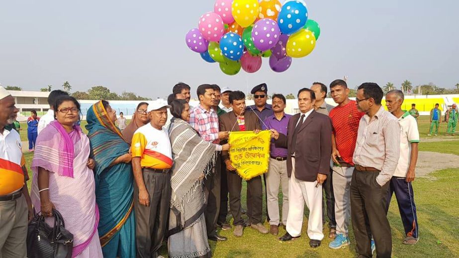 Additional Deputy Commissioner of Kishoreganj District Tarafder Md Akter Jamil inaugurating the preparation of Dhaka Division of the Bangladesh Youth Games by releasing the balloons as the chief guest at the Syed Nazrul Islam Stadium in Kishoreganj on Wed