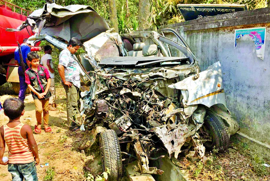 Four people were killed and 20 others injured as passenger bus collided head-on with a microbus at Chokoria in Cox's Bazar, where the micro-bus seen smashed on Saturday.