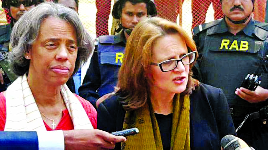 Visiting Deputy Assistant to US President Donald Trump Lisa Curtis talking to media during visit to Kutupalong refugee camps in Cox's Bazar on Saturday. US Ambassador to Bangladesh Marcia Bernicat is seen with Lisa Curtis.