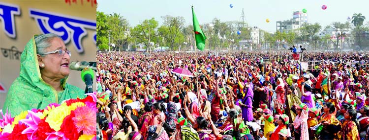 Prime Minister Sheikh Hasina addressing a huge public meeting at Khulna Circuit-House ground as Chief Guest on Saturday.