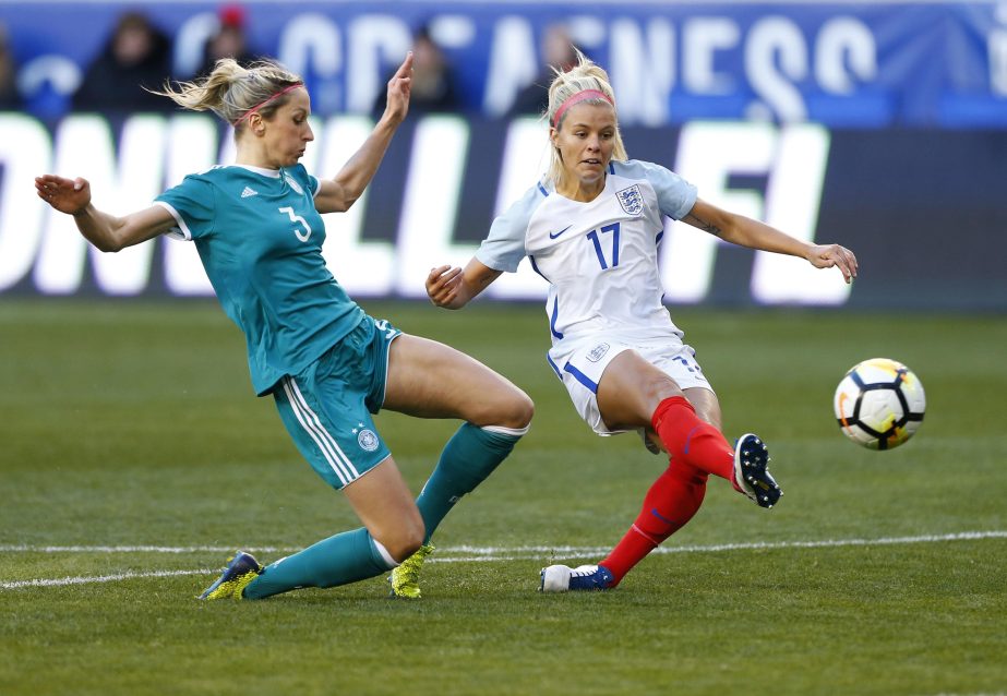 England's Rachel Daly (17) takes a shot at goal against Germany's Kathrin Hendrich (3) during a SheBelieves Cup women's soccer match in Harrison, N.J. on Sunday.