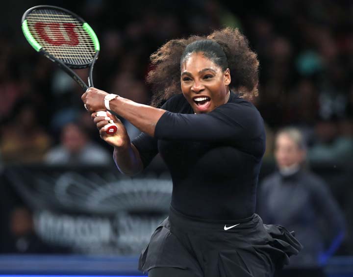 Serena Williams of the United States returns to Zhang Shuai of China during the semi-final round of the Tie Break Tens tournament at Madison Square Garden, Monday, March 5, 2018 in New York. Williams lost to Zhang and was eliminated. The Tie Break Tens'
