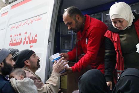 Desperate for food and medicine, Syrian civilians in the war-ravaged eastern suburbs of Damascus hoped for relief on Monday as a 46-truck aid convoy began entering the rebel stronghold, the first such shipment in months.