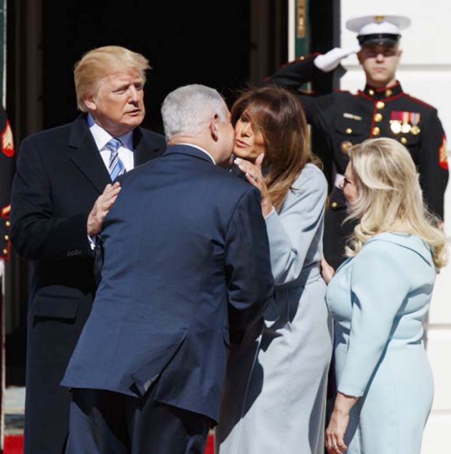 President Donald Trump and first lady Melania Trump greet Israeli Prime Minister Benjamin Netanyahu and his wife Sara Netanyahu at the White House on Monday in Washington.