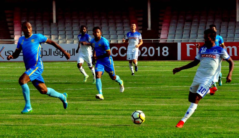 A moment of the match of the AFC Cup between Dhaka Abahani Limited and New Radiant Sports Club of Maldives at the Bangabandhu National Stadium on Wednesday.