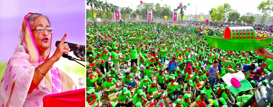 Marking the Historic 7th March speech by Bangabandhu, Prime Minister Sheikh Hasina addressing the massive public gathering at Suhrawardy Uddyan on Wednesday. Photo: PMO