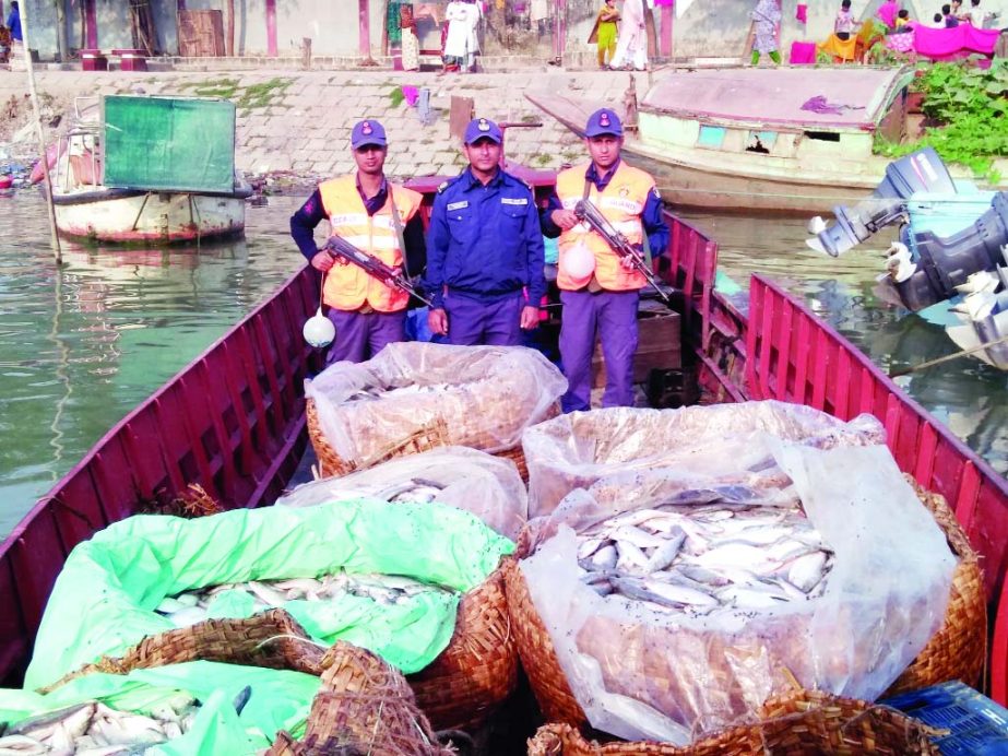 BHOLA: Members of Coast Guard, South Zone seized jatkas from river during a drive in Meghna River on Tuesday.