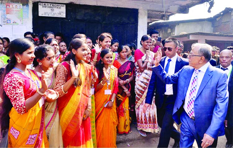 President Abdul Hamid being greeted by the young women at Balat village in Tripura's Meghalaya while visiting the area on Friday where he stayed during Liberation War, and recollected the memories of those days.