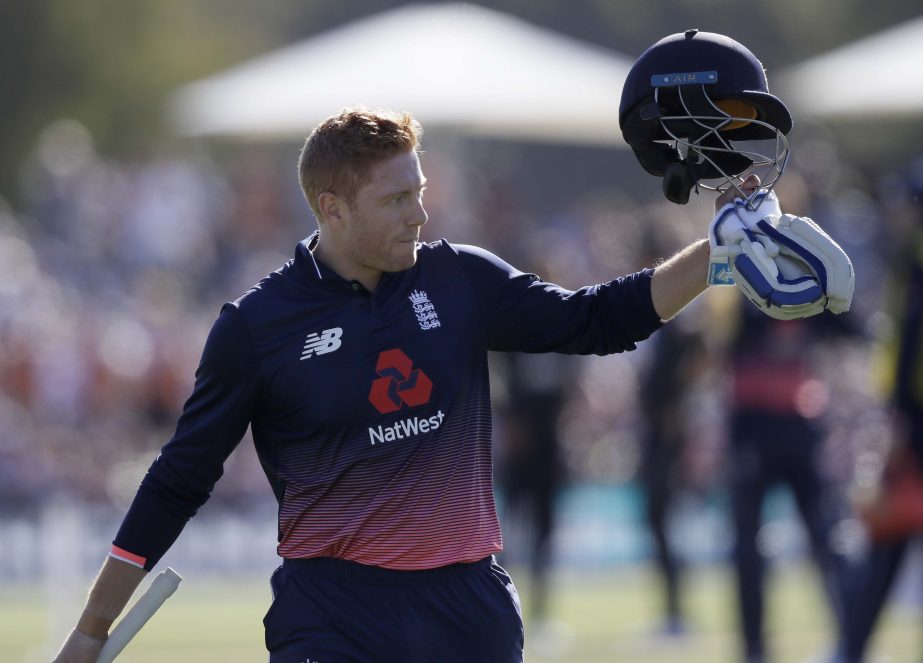 England's Jonny Bairstow waves to the crowd as he leaves the field after he was dismissed for 104 runs during their one day cricket international against New Zealand in Christchurch, New Zealand on Saturday.