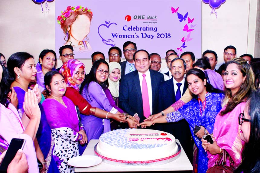 Fakhrul Alam, Managing Director of One Bank Limited, inaugarating the celebration programme of International Women's Day at the banks head office in the city on Thursday. Senior Executives and all female employees from different branches of Dhaka city of