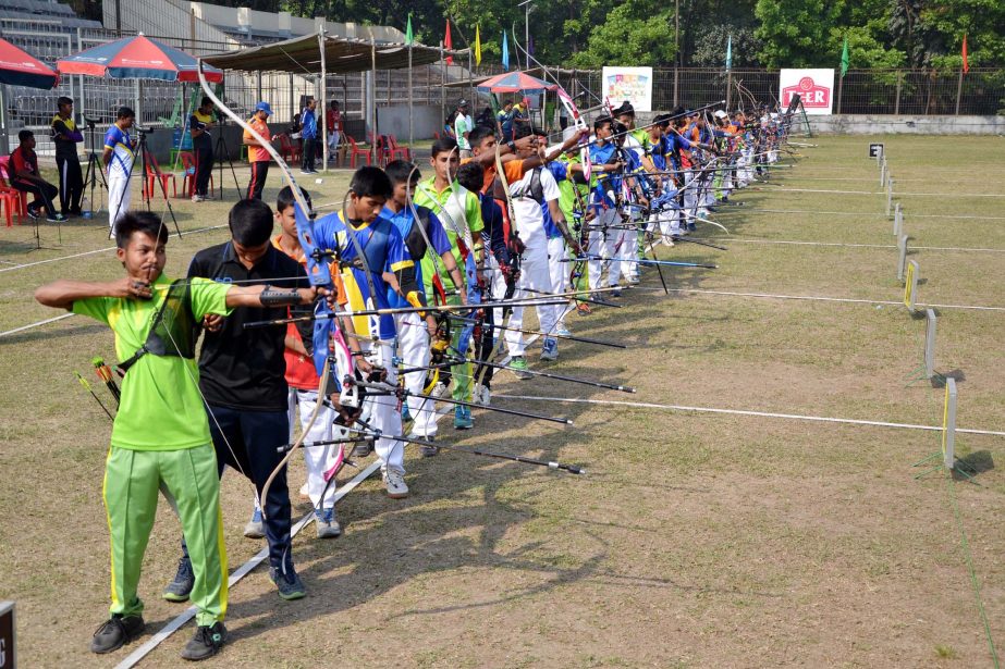 The archers are in action during the Archery Competition of the Bangladesh Youth Games at the Shaheed Ahsanullah Master Stadium on Sunday.