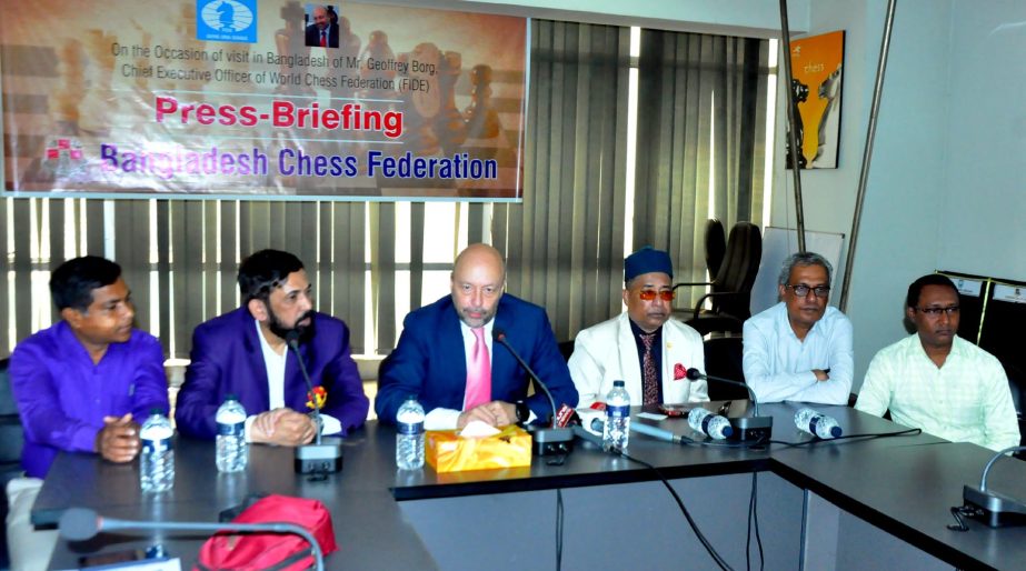 Chief Executive Officer of World Chess Federation Mr. Geoffrey Borg addressing a press conference at the NSC Tower Bhavan on Monday.