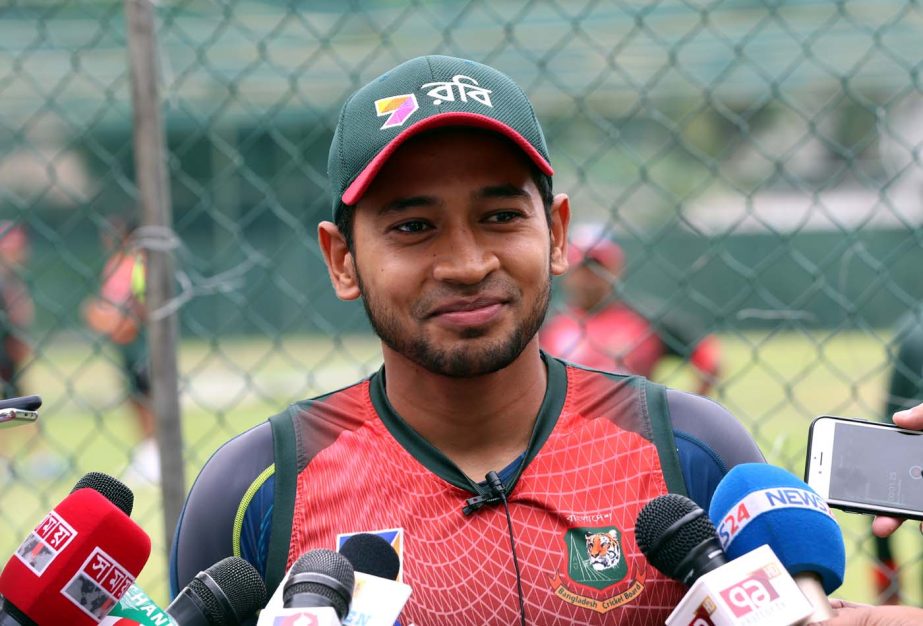 Mushfiqur Rahim talking to the newsmen after practice session in Sri Lanka on Monday.