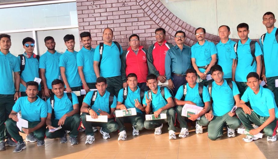 Members of Bangladesh Special Olympics Football team pose for a photo session at the Hazrat Shahjalal International Airport on Monday before leaving for Abu Dhabi to take part in the Special Olympics Football Competition scheduled to be held from March 14