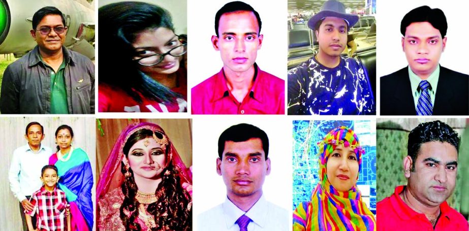 Some of the Bangladeshi victims of US-Bangla plane crash in Kathmandu: from top left Captain Abid Sultan, Cabin crew Nabila, Nuruzzaman Babu, Pias Roy, SM Mahmudur Rahman and from bottom left- Sanzida Hoque Pipasha with husband and son, Tahira Tanvin Shas