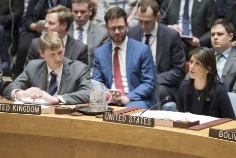 British Deputy Ambassador to the United Nations Jonathan Allen, right, listens as American Ambassador to the United Nations Nikki Haley speaks during a Security Council meeting on the situation between Britain and Russia on Wednesday