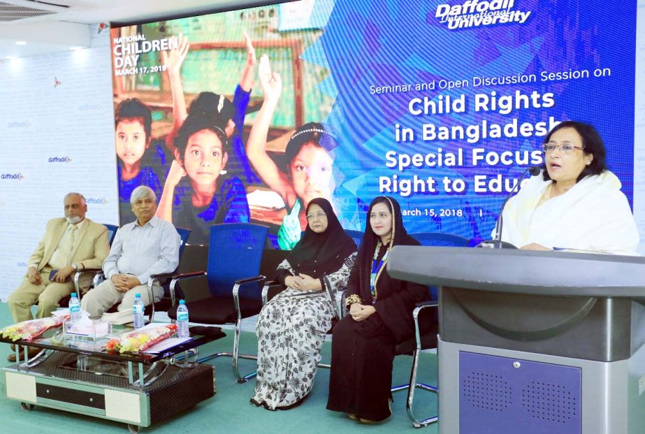 Mahmuda Sharmeen Benu, ndc, Additional Secretary of the Ministry of Women and Children Affairs addressing a seminar on 'Child Rights in Bangladesh : Special Focus on Right to Education' organized by the Department of Law of Daffodil International Univer