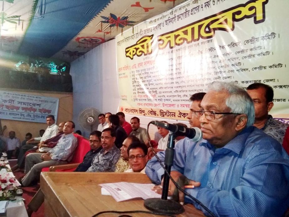 Adv Rana Das Gupto, General Secretary, Bangladesh Hindu, Bouddha , Christian Oikya Parishad speaking at a discussion meeting on their 7-point demands at Cox's Bazar on Thursday.