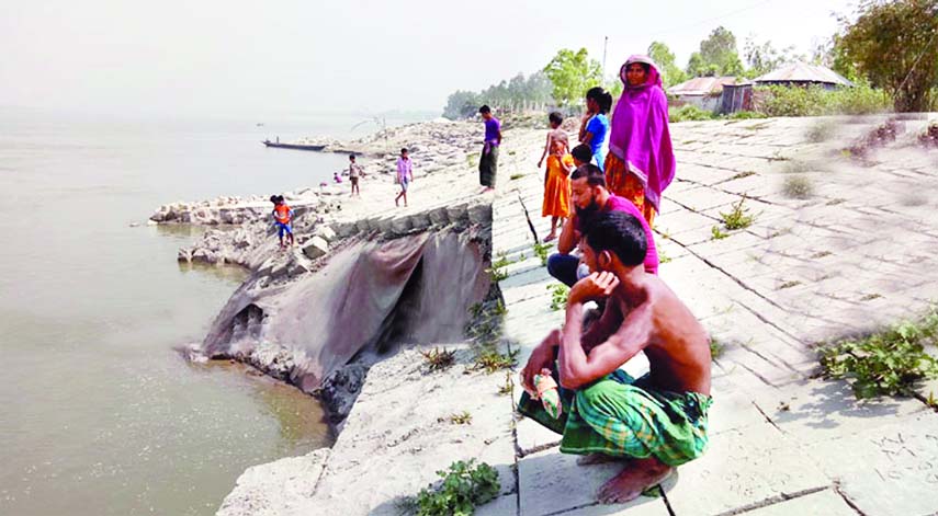 Local people being panicked as major portion of Jamuna River bank, washed away due to sudden erosion. This photo was taken from Khaskawlia area under Chowhali upazila of Siraganj district on Saturday.