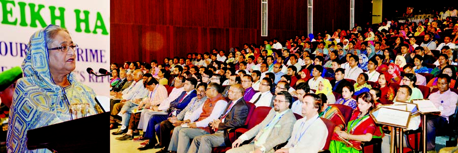 Prime Minister Sheikh Hasina speaking as Chief Guest at the inaugural ceremony of the 3rd International Conference on Critical Care Medicine and the 1st National Conference on Critical Care Nursing in the Krishibid Institution, Bangladesh (KIB) Auditori