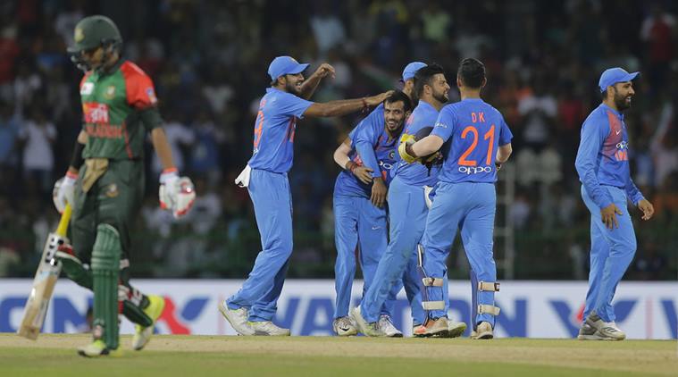 Indian players celebrate after dismissal one of the Bangladesh wicket during the NIdahas Trophy T20 final between India and Bangladesh at the R?Premadasa Stadium in Colombo on Sunday.