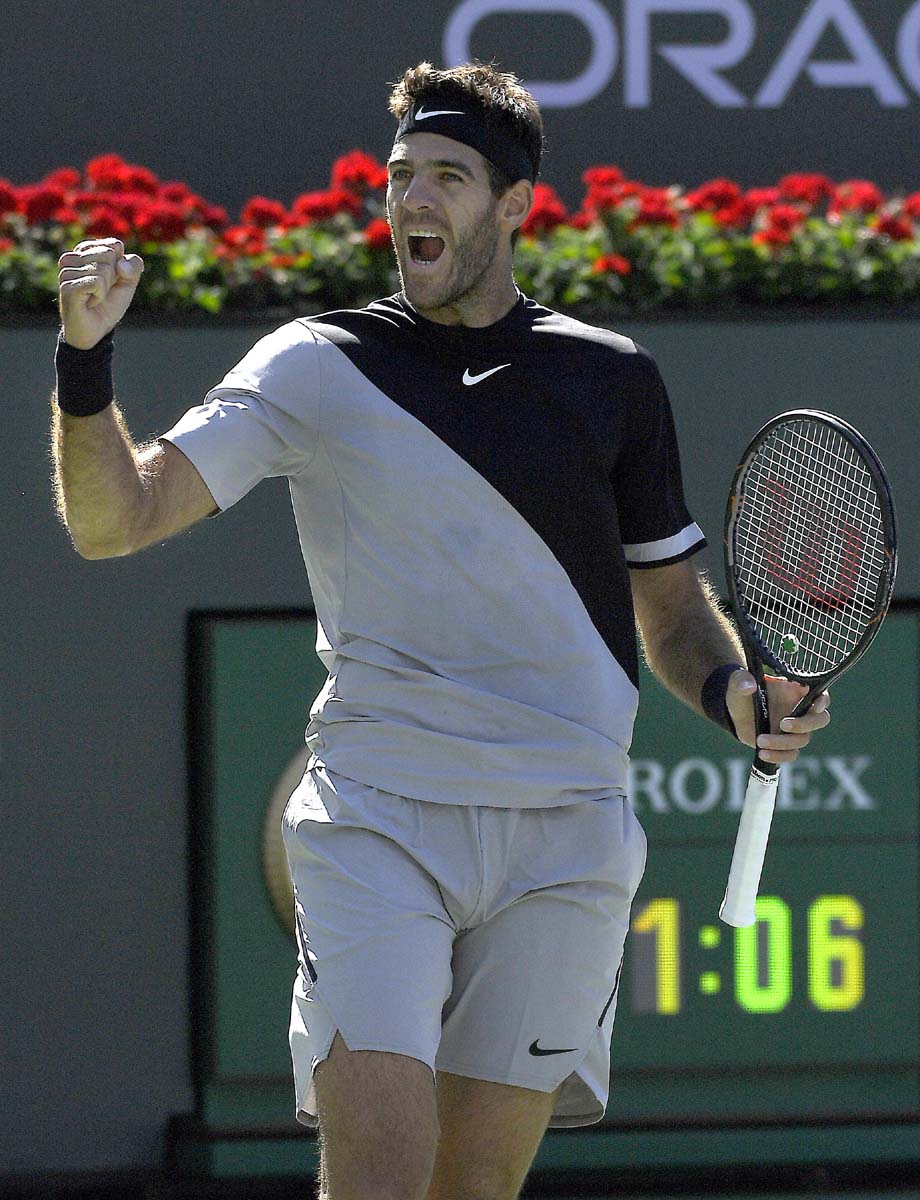 Juan Martin del Potro of Argentina celebrates after beating Milos Raonic of Canada during the semifinals at the BNP Paribas Open tennis tournament in Indian Wells, Calif on Saturday.