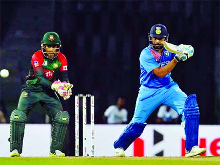 Rohit Sharma of India in action during the NIdahas Trophy T20 final match between India and Bangladesh at the R Premadasa Stadium in Colombo on Sunday.. Interner photo