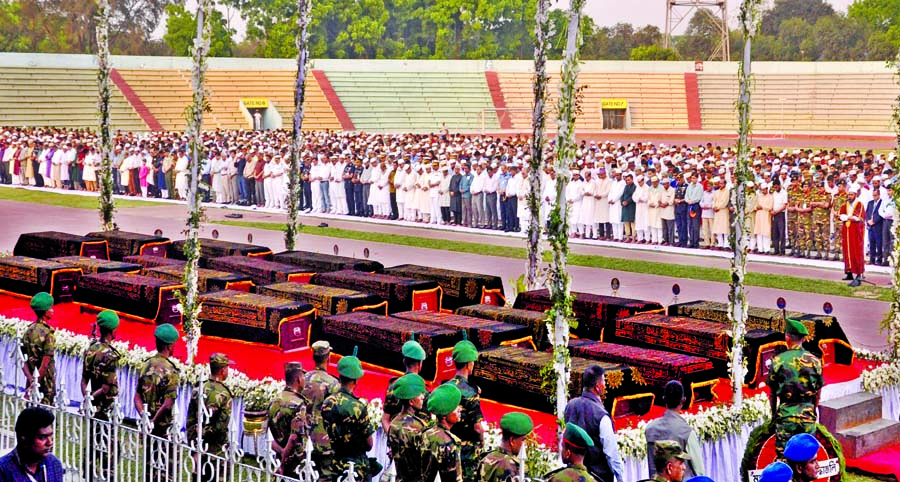 Namaj-e-janaza of 23 victims of ill-fated plane crashed in Nepal was held at Army Stadium on Monday afternoon after arrival of their bodies from Nepal.