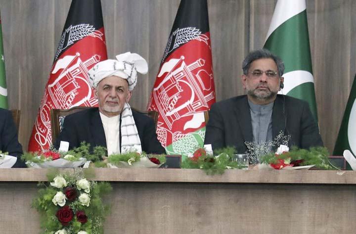 Afghanistan's President Ashraf Ghani, (left) attends the integration ceremony of TAPI pipeline with Pakistani Prime Minister Shahid Khan Abbasi in Herat. AP file photo