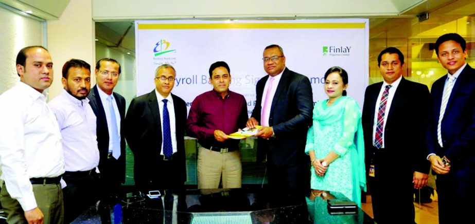 M Khorshed Anowar, Acting Head of Retail Banking of Eastern Bank Limited and Mufakkharul Islam Khasru, Managing Director of Finlay Properties Limited, exchanging an agreement signing documents on Payroll Banking at the banks head office in the city recent