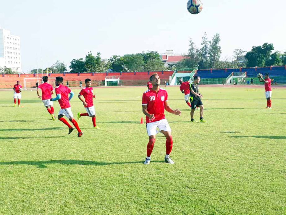 Members of Bangladesh National Football team during their practice session at Bangkok, the capital city of Thailand on Tuesday.