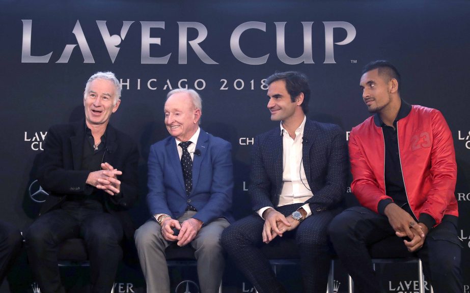 John McEnroe (left) responds to a question while promoting the Laver Cup tennis tournament with Rod Laver (second from left), Roger Federer and Nick Kyrgios Monday in Chicago.