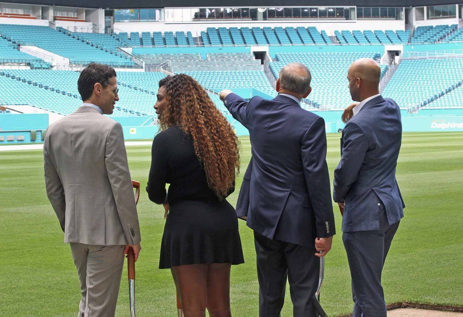 From left: Mark Shapiro, Serena Williams, Stephen Ross and James Blake overlook the stadium grounds during a ceremonial groundbreaking after it was was announced that the Miami Open tennis tournament will be relocating to the Hard Rock Stadium in 2019, on