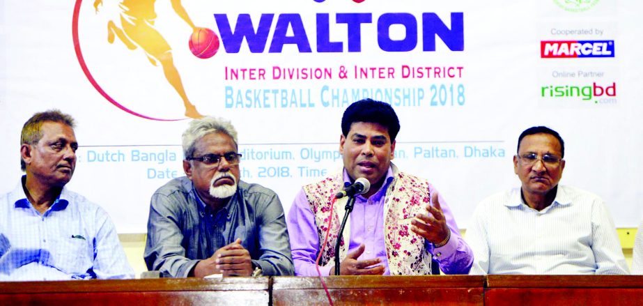 Senior Operative Director (Head of Games & Sports Department) of Walton Group FM Iqbal Bin Anwar Dawn speaking at a press conference at the Dutch-Bangla Bank Auditorium in the Bangladesh Olympic Association Bhaban on Wednesday.