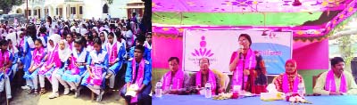 GANGACHARA (Rangpur): Jarin Yasmin Chaity, Assistant Professor, Begum Rokeya University speaking at a youth awareness programme against child marriage at Gangachara Model High School on Wednesday.