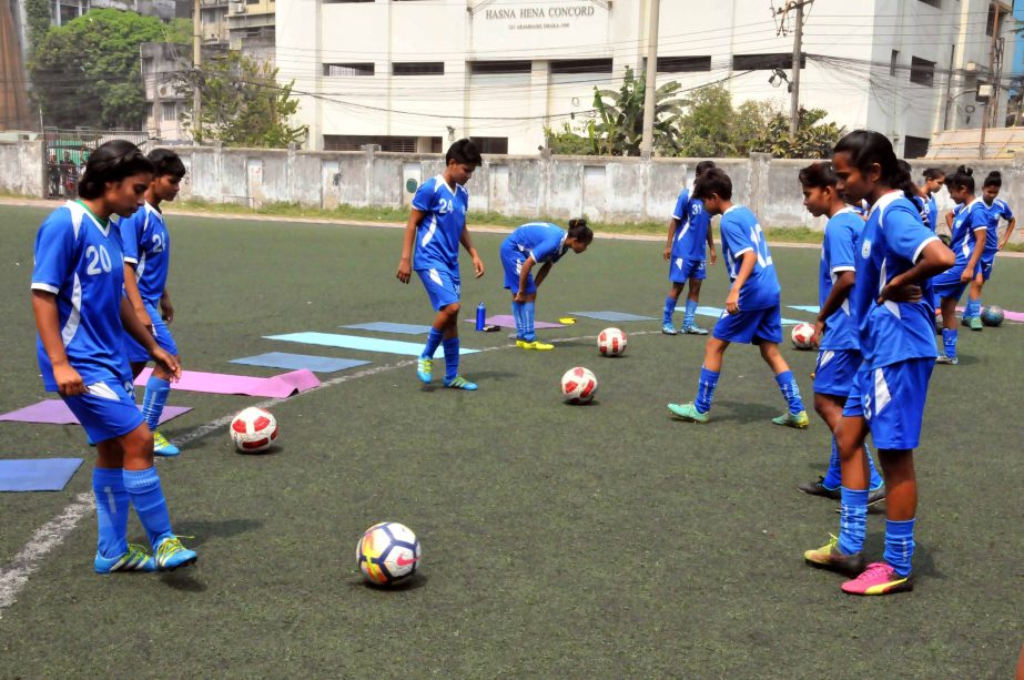 Members of Bangladesh National Under-16 Women's Football team during their practice session at the BFF Artificial Turf on Thursday.