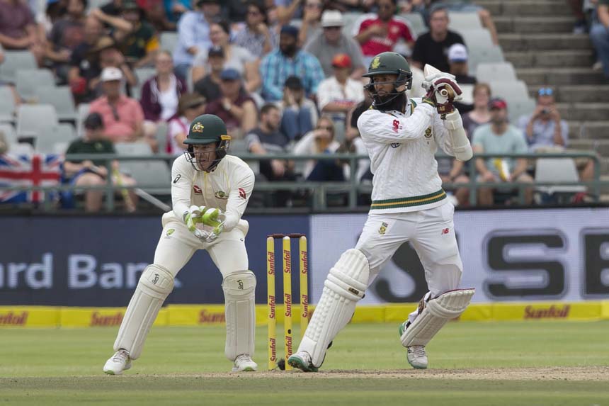 Hashim Amla of South Africa in action on the third day of the third cricket test between South Africa and Australia at Newlands Stadium, in Cape Town, South Africa on Saturday.