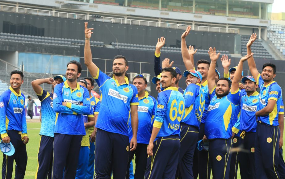 Players of Dhaka Abahani Limited celebrate after beating Gazi Group Cricketers in their super league match of the Dhaka Premier Division Cricket League at the Sher-e-Bangla National Cricket Stadium in the city's Mirpur on Saturday.