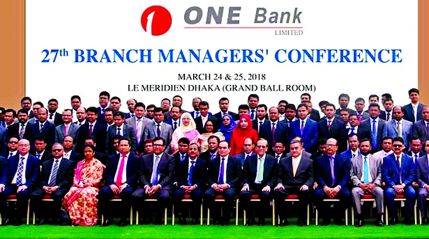 Sayeed H. Chowdhury, Chairman, Board of Directors of ONE Bank Limited, poses with the participants of its 27th Branch Managers' Conference at a city hotel on Sunday. M. Fakhrul Alam, Managing Director, Ashok Das Gupta, Vice-Chairman, Shawket Jaman, Direc