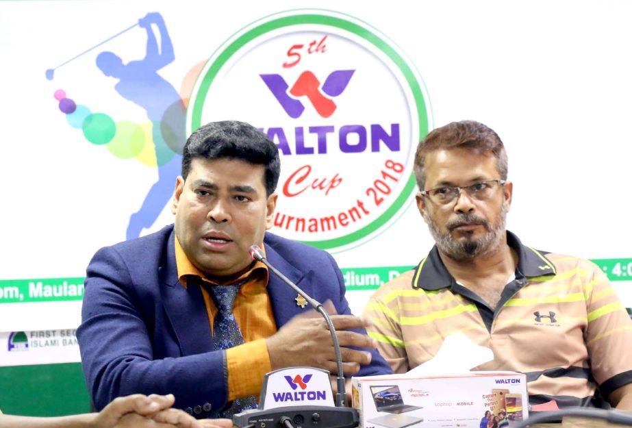 Senior Operative Director (Head of Games & Sports Department) of Walton Group FM Iqbal Bin Anwar Dawn addressing a press conference at the conference room in the Moulana Bhashani National Hockey Stadium on Tuesday.